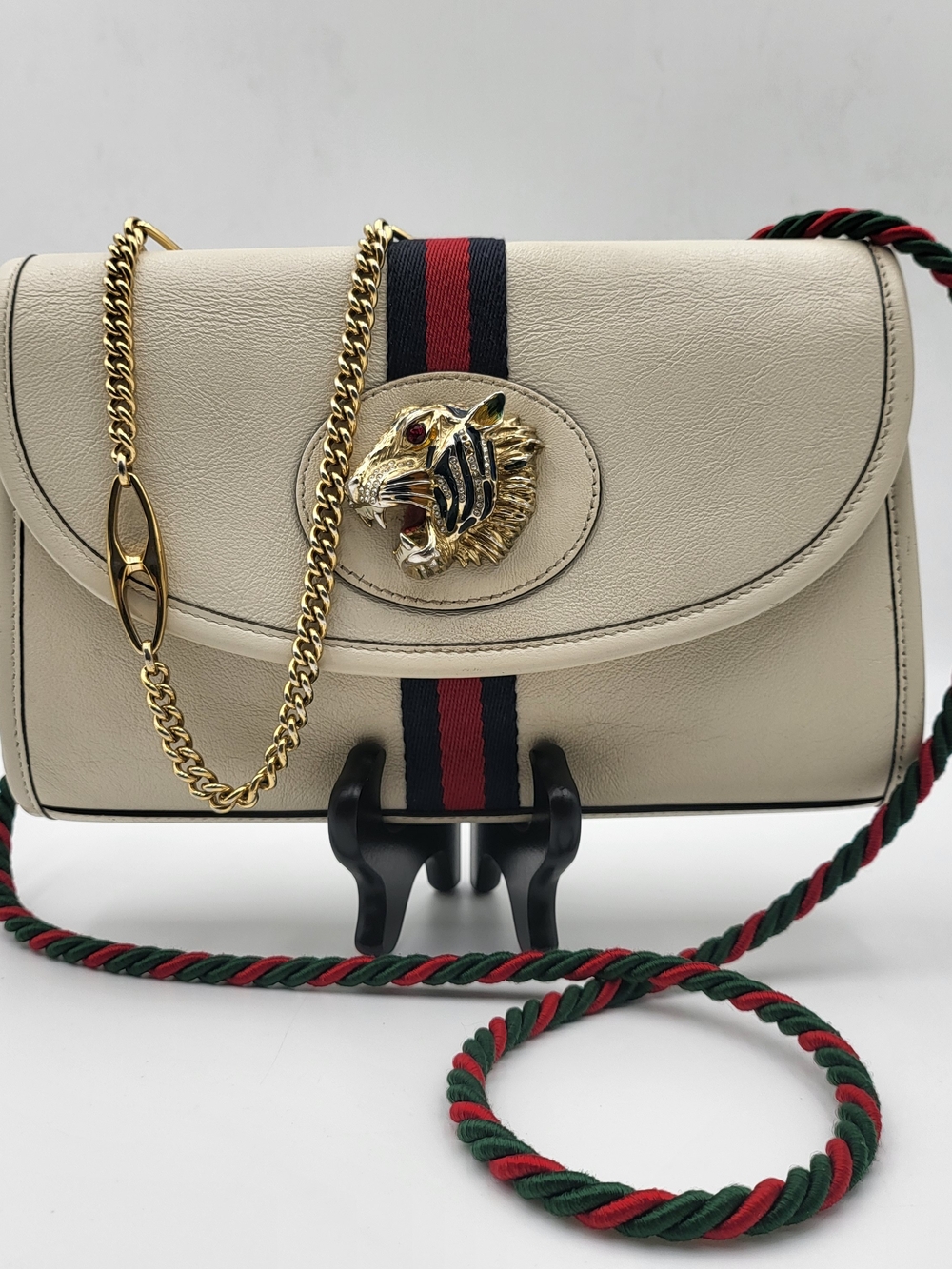 GUCCI Textured Calfskin Web Small Rajah Shoulder Bag Mystic White, Auth w/COA.